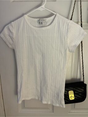Assembly Label White Ribbed Short Sleeve Tee with Eyelet Detail